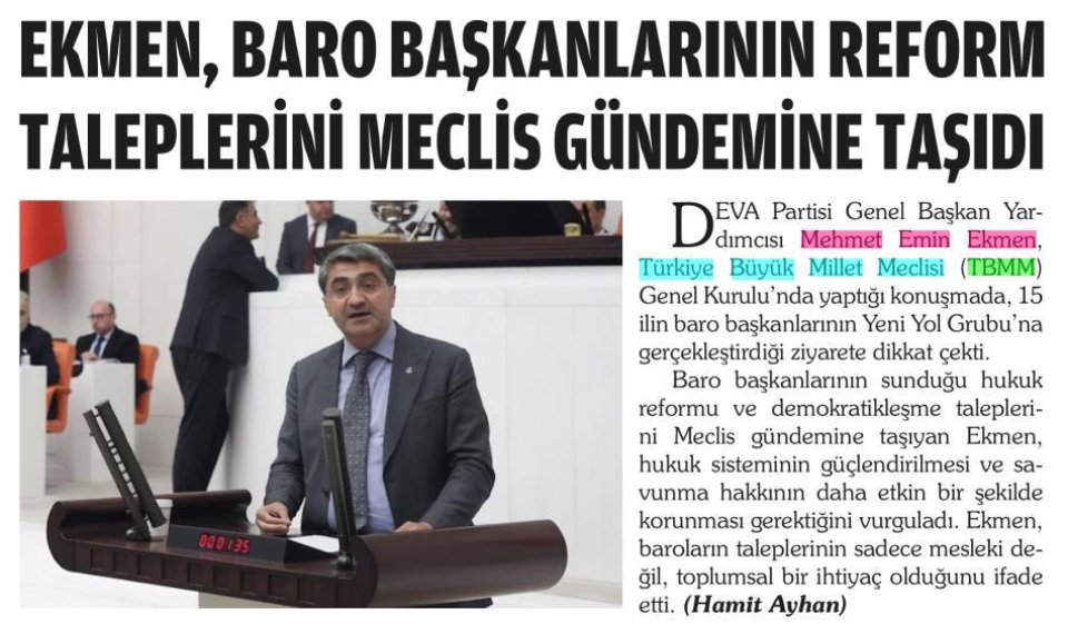 EKMEN, BARO BAŞKANLARININ REFORM TALEPLERİNİ MECLİS GÜNDEMİNE TAŞIDI
