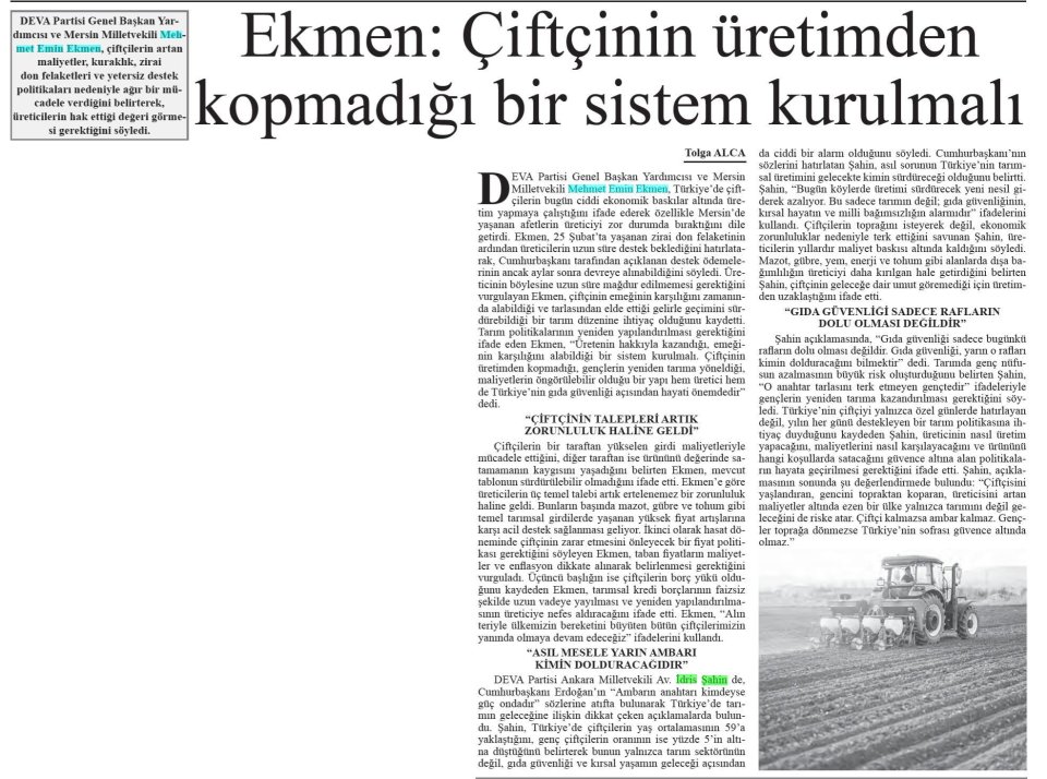 EKMEN: ÇİFTÇİNİN ÜRETİMDEN KOPMADIĞI BİR SİSTEM KURULMALI