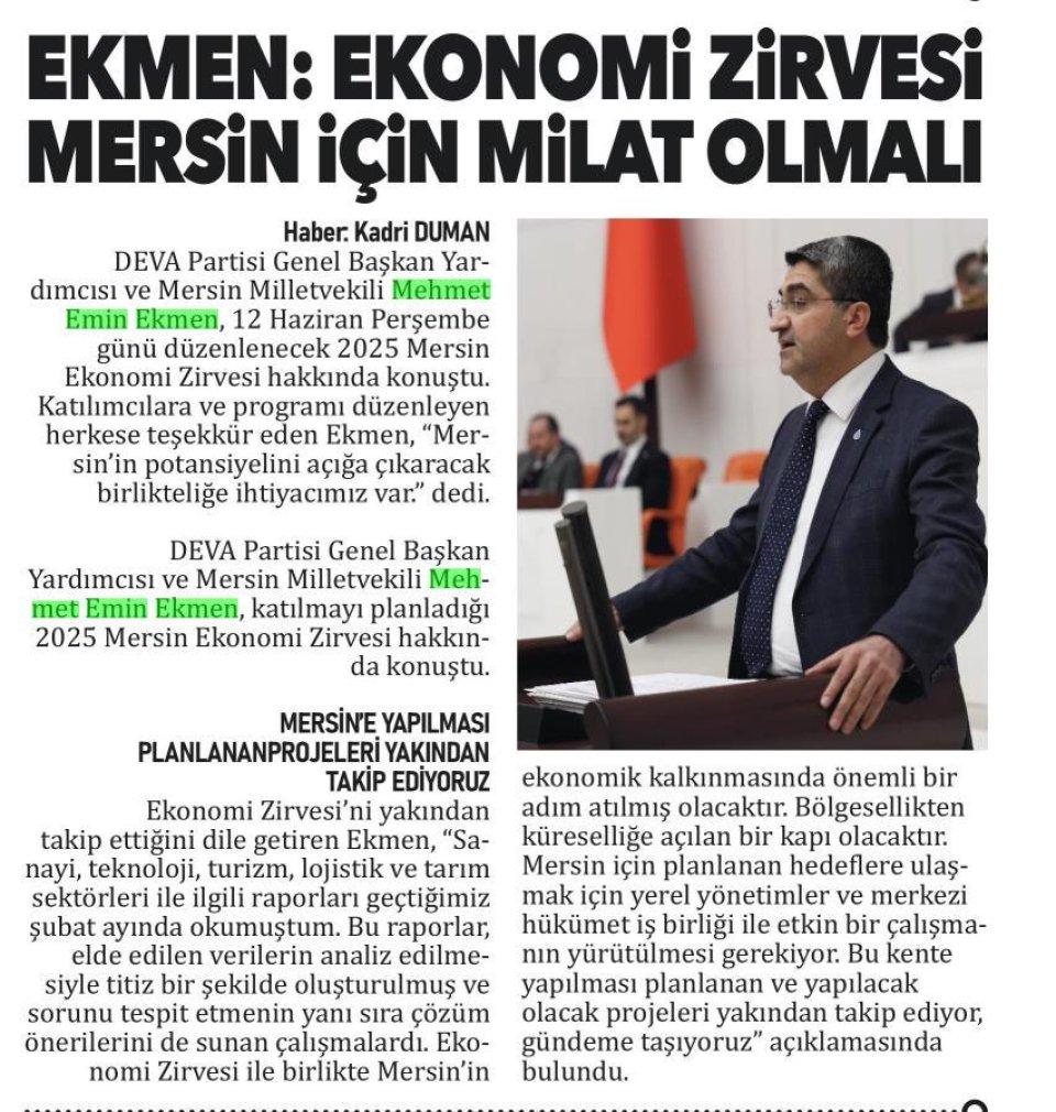 EKMEN: EKONOMİ ZİRVESİ MERSİN İÇİN MİLAT OLMALI