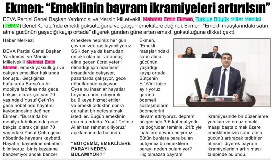 EKMEN: EMEKLİNİN BAYRAM İKRAMİYELERİ ARTIRILSIN