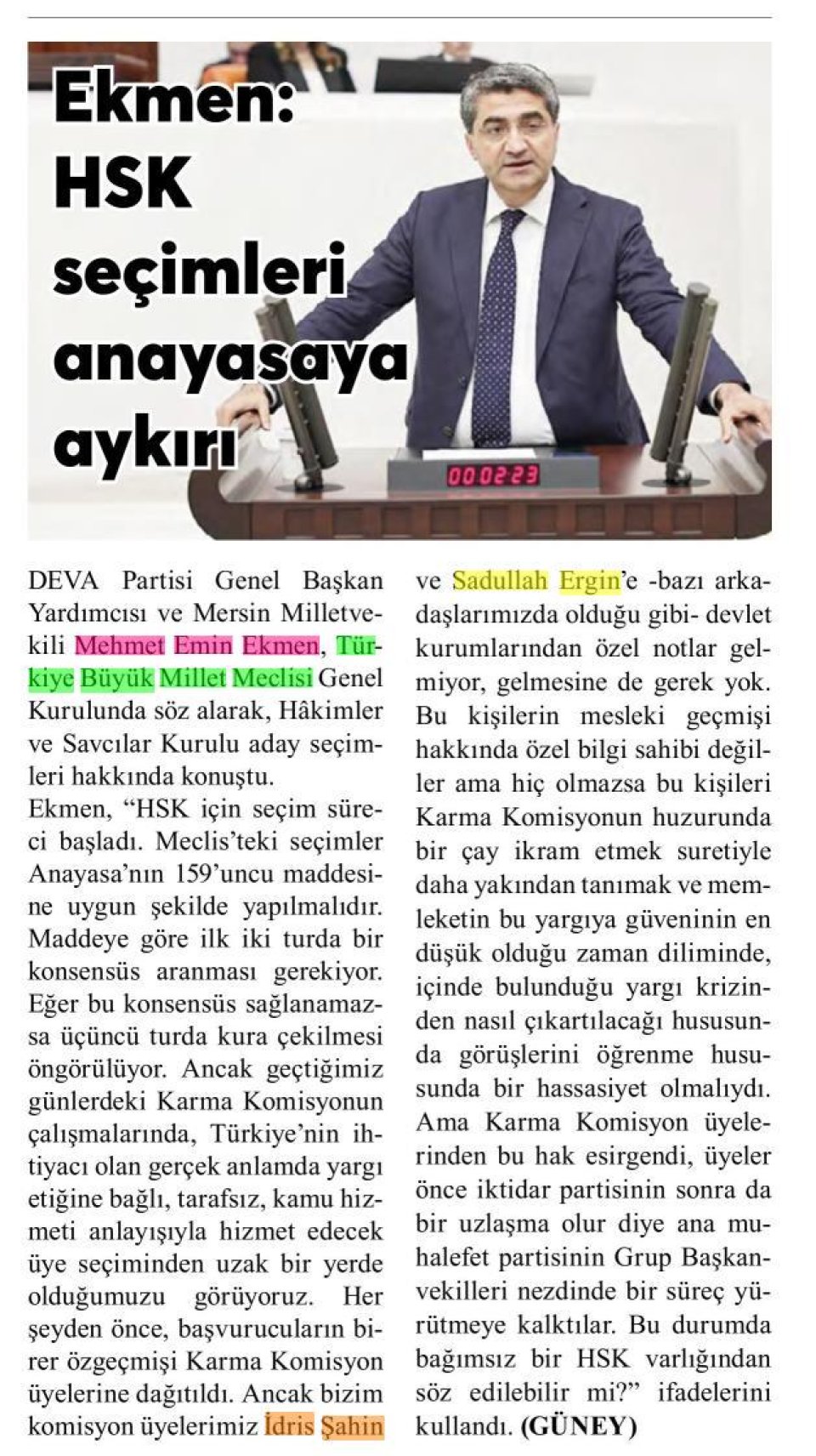 EKMEN: HSK SEÇİMLERİ ANAYASAYA AYKIRI