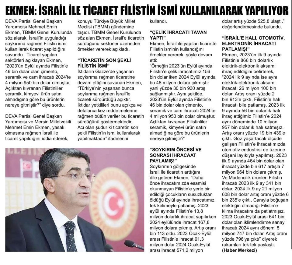 EKMEN : İSRAİL İLE TİCARET FİLİSTİN İSMİ KULLANILARAK YAPILIYOR