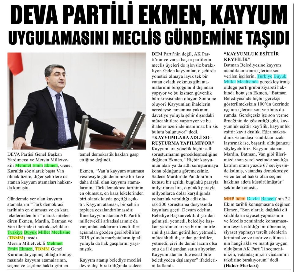 EKMEN, KAYYUM UYGULAMASINI MECLİS GÜNDEMİNE TAŞIDI