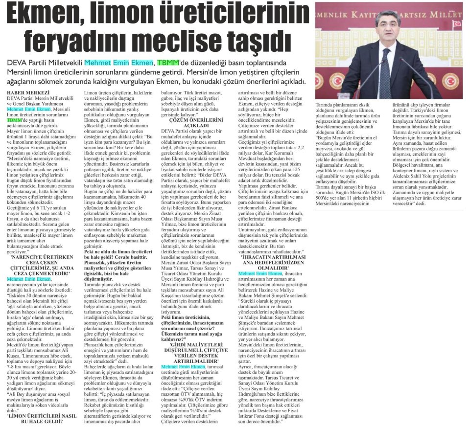EKMEN, LİMON ÜRETİCİLERİNİN FERYADINI MECLİSE TAŞIDI