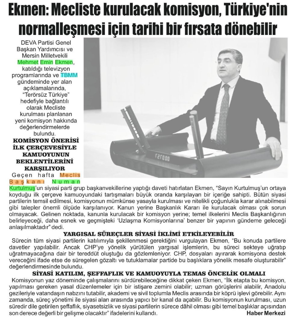 EKMEN: MECLİSTE KURULACAK KOMİSYON, TÜRKİYE'NİN NORMALLEŞMESİ İÇİN TARİHİ BİR FIRSATA DÖNEBİLİR
