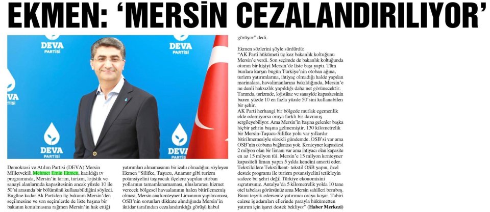 EKMEN: 'MERSİN CEZALANDIRILIYOR'