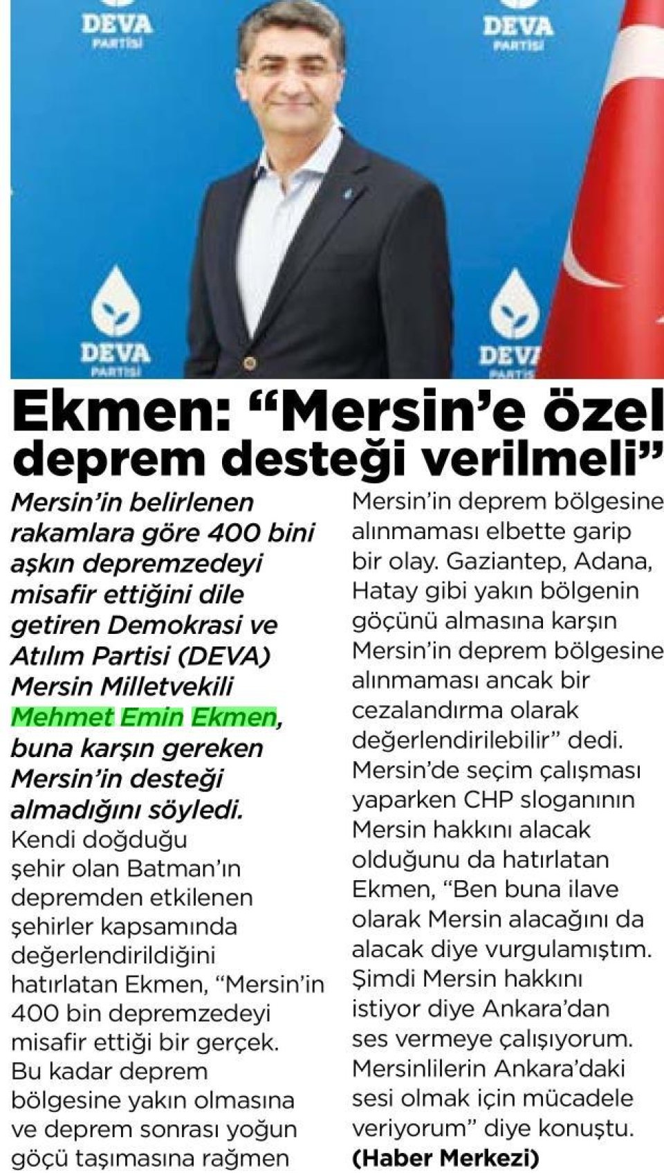 EKMEN: MERSİN'E ÖZEL DEPREM DESTEĞİ VERİLMELİ