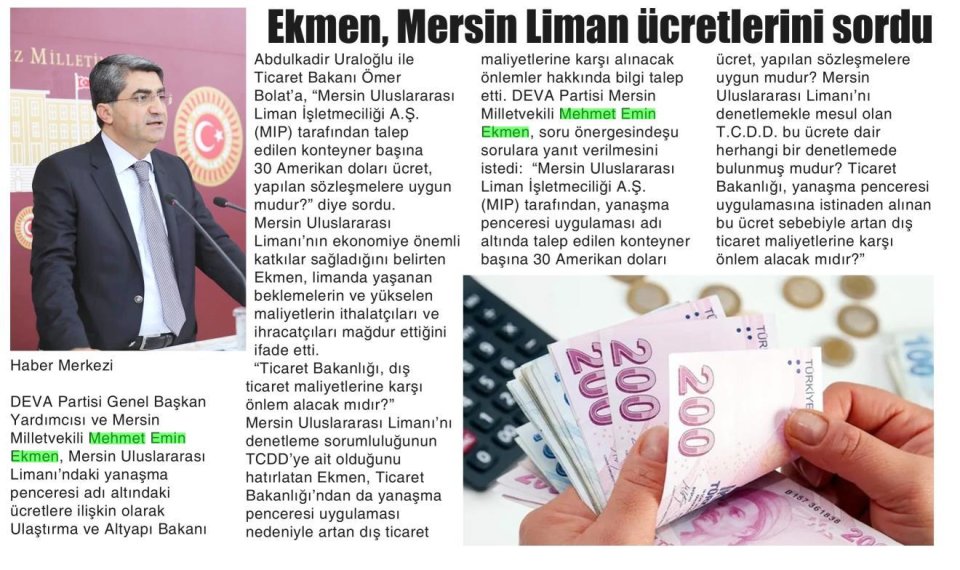 EKMEN MERSİN LİMAN ÜCRETLERİNİ SORDU