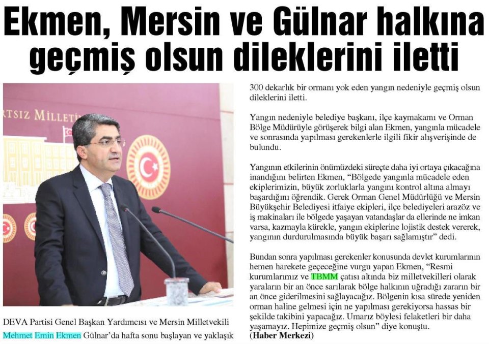 EKMEN, MERSİN VE GÜLNAR HALKINA GEÇMİŞ OLSUN DİLEKLERİNİ İLETTİ
