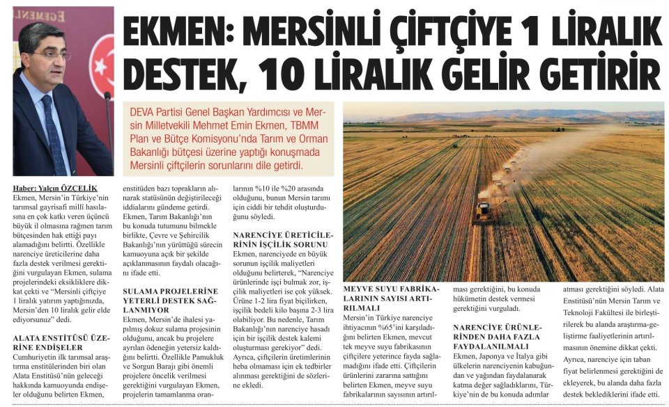 EKMEN, MERSİNLİ ÇİFTÇİYE DESTEK İSTEDİ