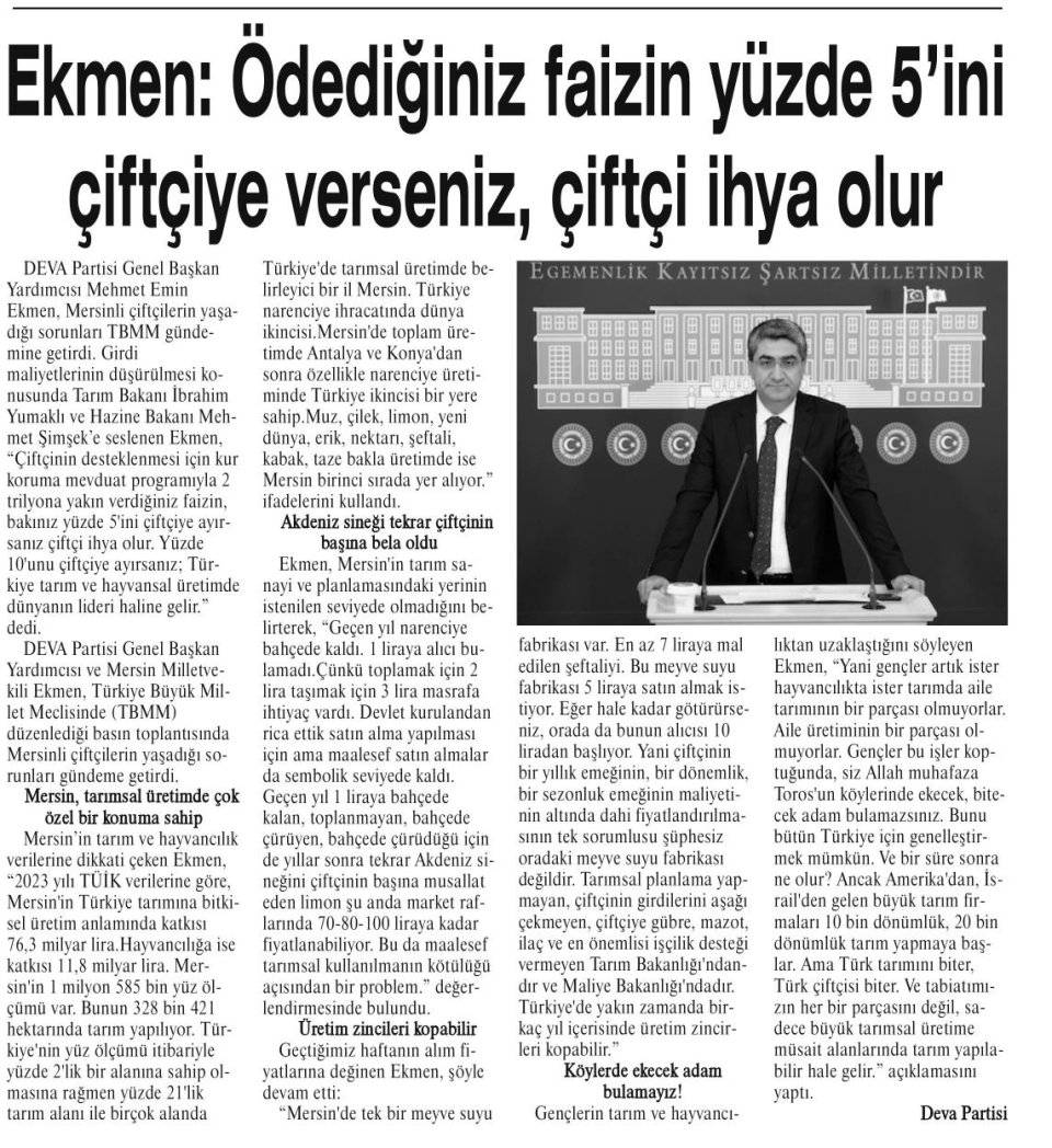 EKMEN: ÖDEDİĞİNİZ FAİZİN YÜZDE 5'İNİ ÇİFTÇİYE VERSENİZ, ÇİFTÇİ İHYA OLUR