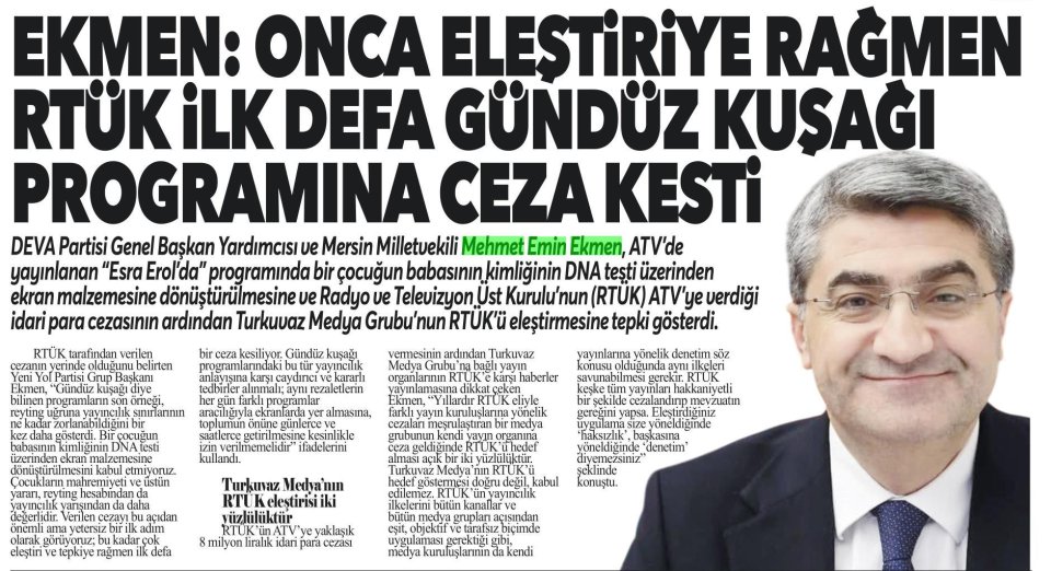EKMEN: ONCA ELEŞTİRİYE RAĞMEN RTÜK İLK DEFA GÜNDÜZ KUŞAĞI PROGRAMINA CEZA KESTİ