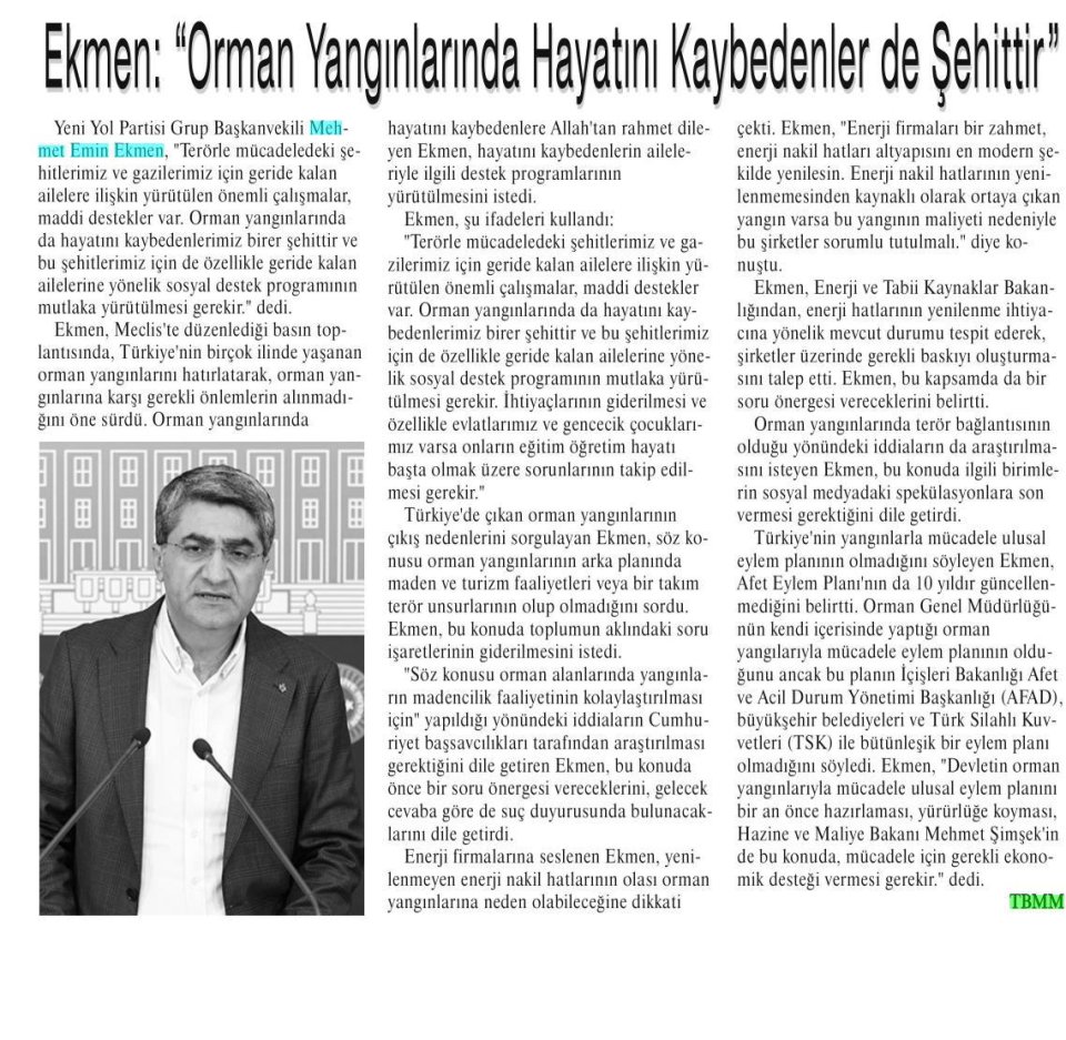 EKMEN: ORMAN YANGINLARINDA HAYATINI KAYBEDENLER DE ŞEHİTTİR