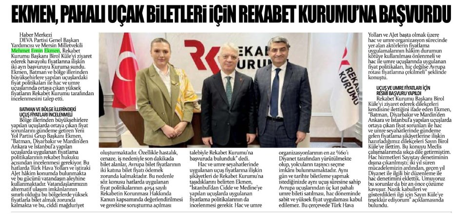 EKMEN, PAHALI UÇAK BİLETLERİ İÇİN REKABET KURUMU'NA BAŞVURDU