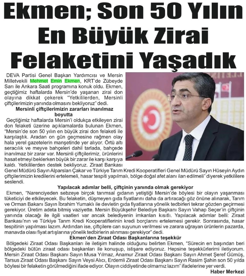 EKMEN: SON 50 YILIN EN BÜYÜK ZİRAİ FELAKETİNİ YAŞADIK