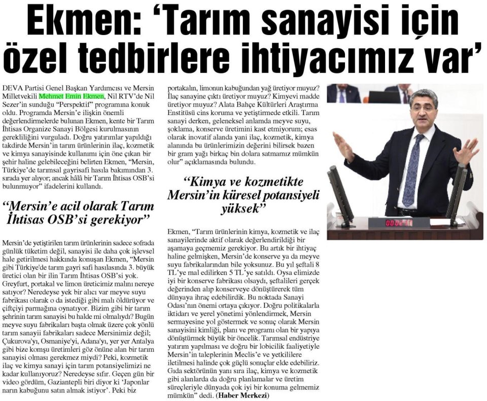 EKMEN: TARIM SANAYİSİ İÇİN ÖZEL TEDBİRLERE İHTİYACIMIZ VAR