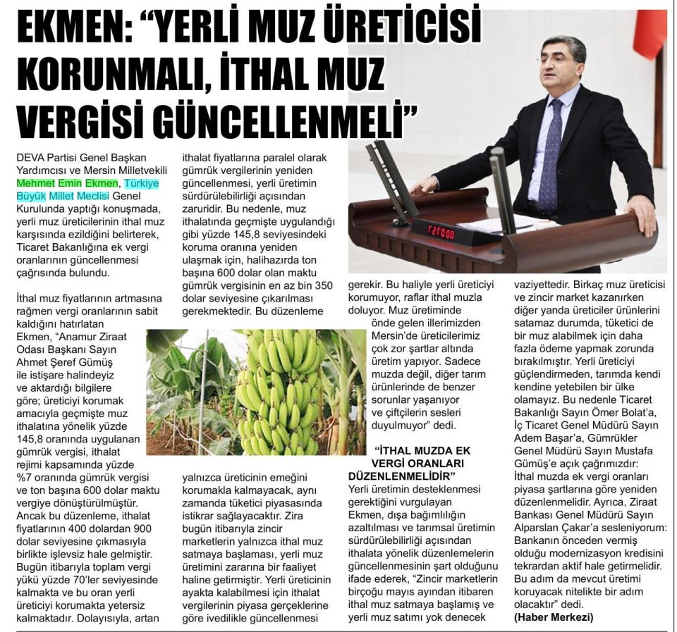EKMEN: TERLİ MUZ ÜRETİCİSİ KORUNMALI, İTHAL MUZ VERGİSİ GÜNCELLENMELİ
