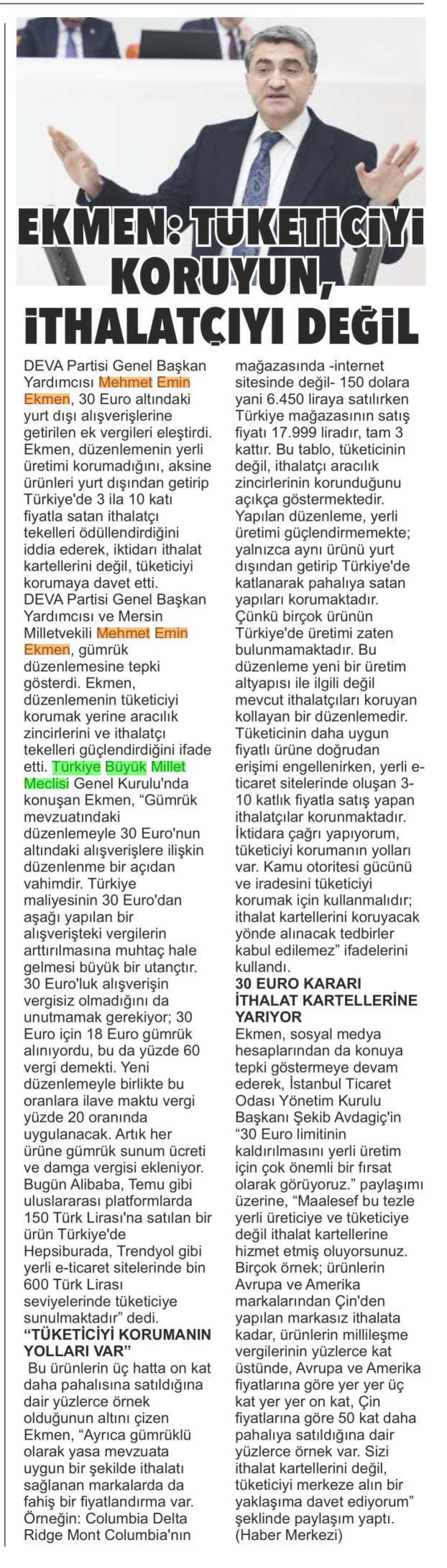 EKMEN: TÜKETİCİYİ KORUYUN, İTHALATÇIYI DEĞİL