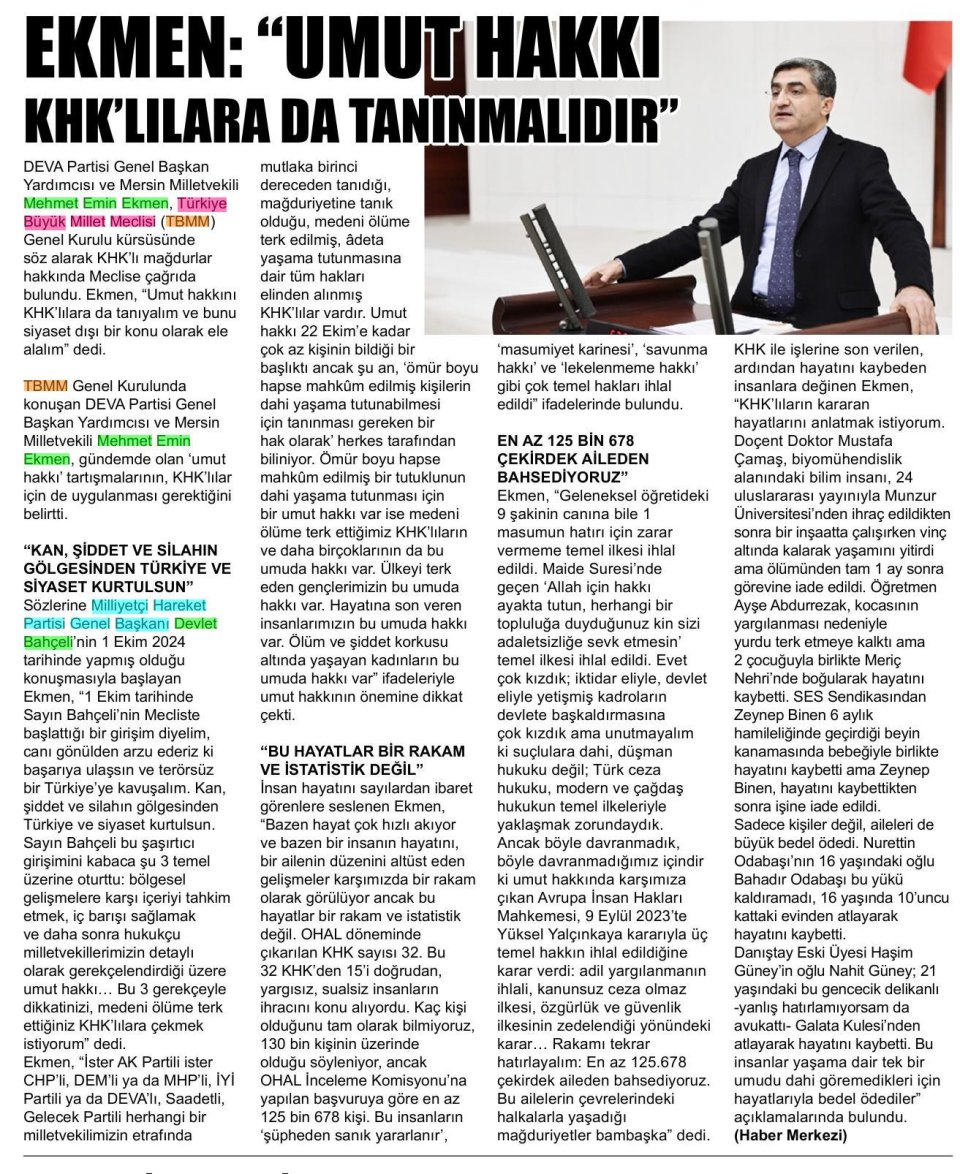 EKMEN : ''UMUT HAKKI KHK'LILARA DA TANINMALIDIR''