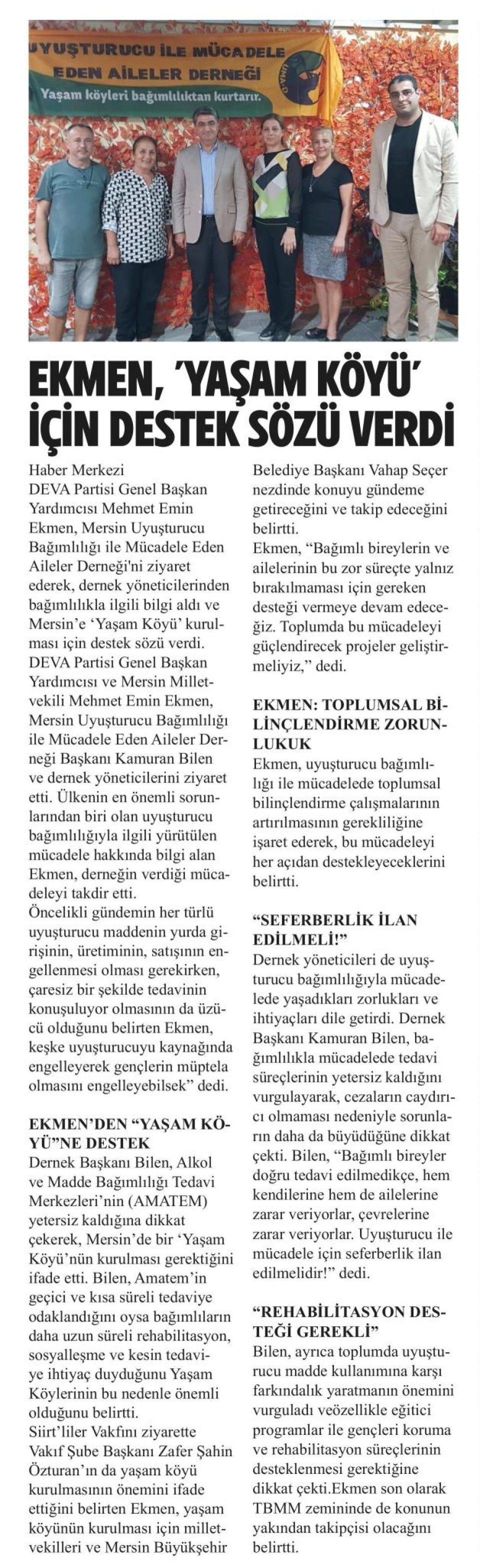 EKMEN, 'YAŞAM KOYU' İÇİN DESTEK SÖZÜ VERDİ