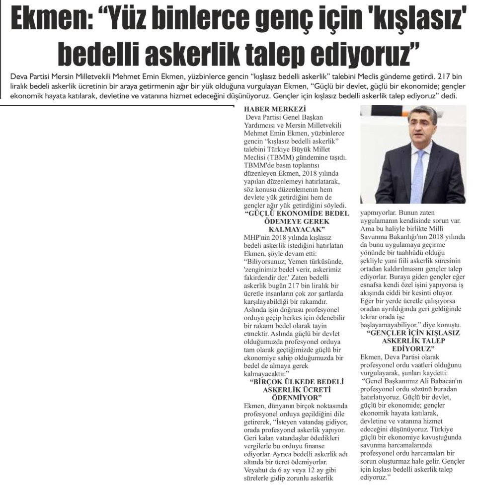 EKMEN: YÜZBİNLERCE GENÇ İÇİN KIŞLASIZ BEDELLİ ASKERLİK TALEP EDİYORUZ