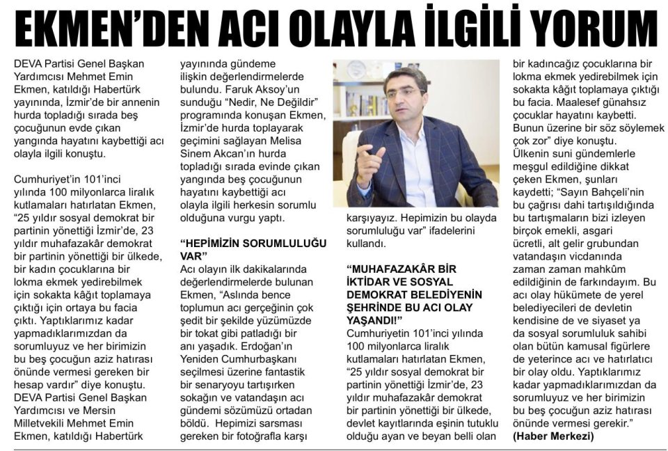 EKMEN'DEN ACI OLAYLA İLGİLİ YORUM
