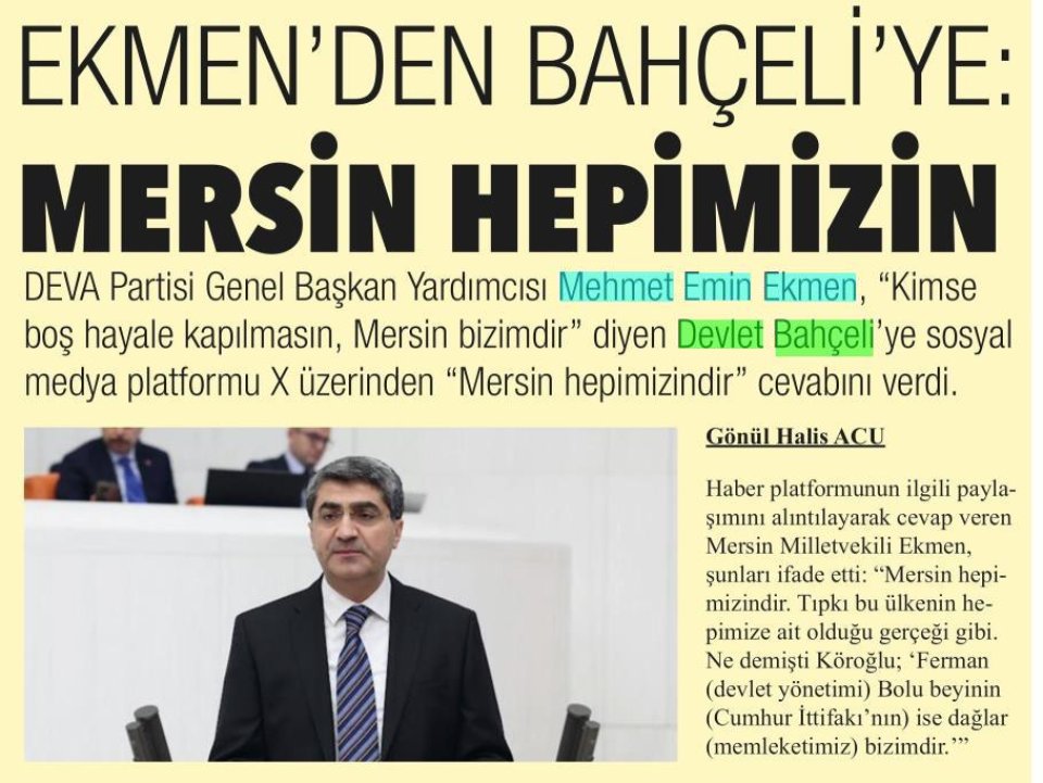 EKMEN'DEN BAHÇELİ'YE MERSİN HEPİMİZİN