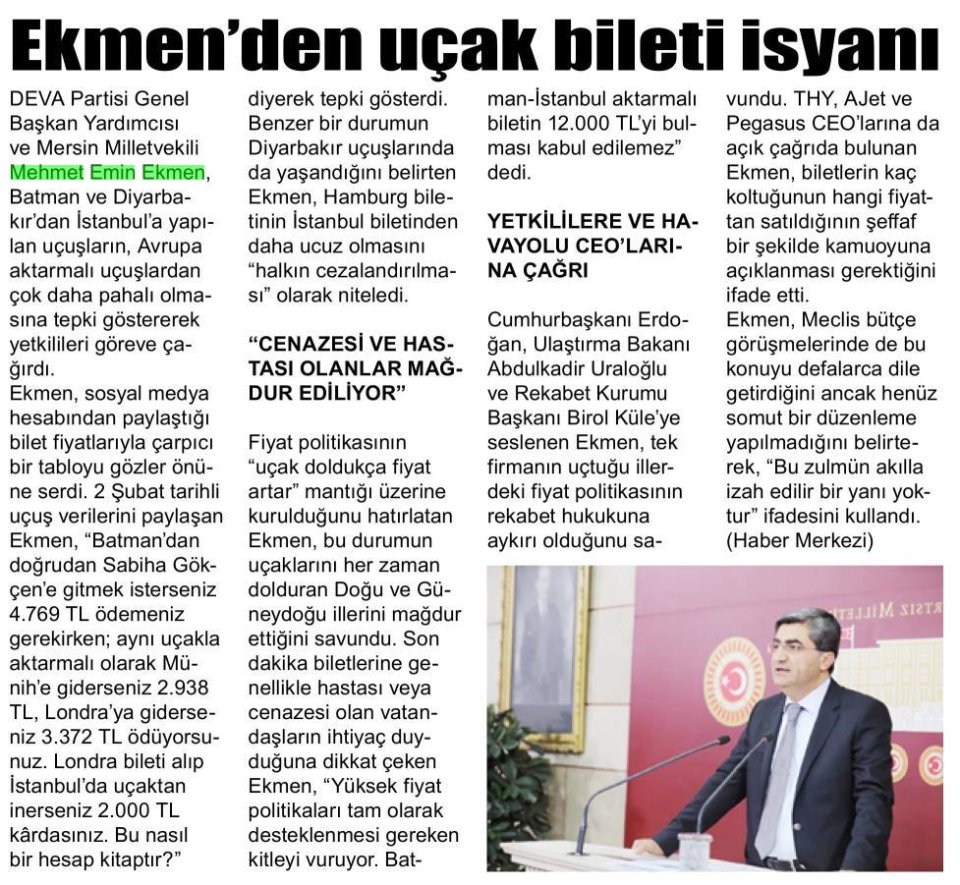 EKMEN'DEN BİLET FİYATLARINA TEPKİ