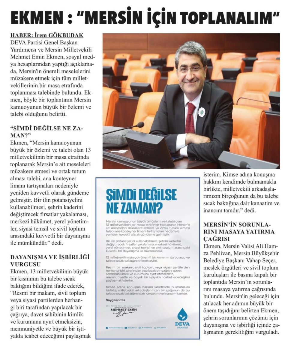 EKMEN'DEN ÇOK ÖNEMLİ ÇAĞRI ''MERSİN İÇİN TOPLANALIM''