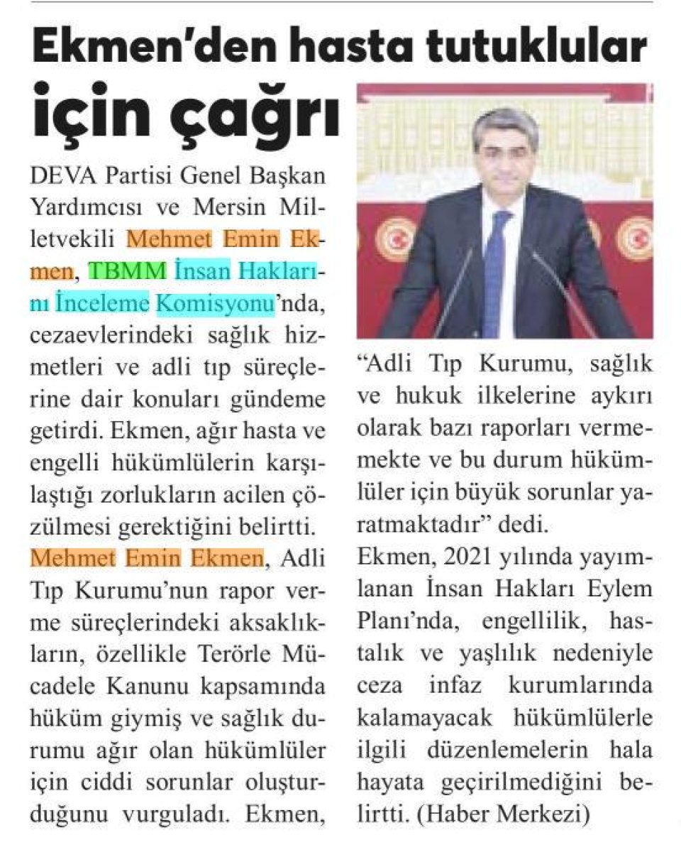 EKMEN'DEN HASTA TUTUKLULAR İÇİN ÇAĞRI