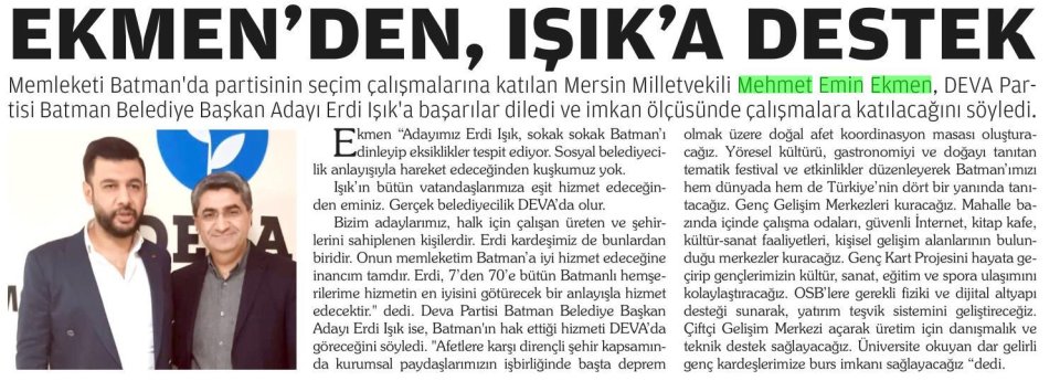 EKMEN'DEN, IŞIK'A DESTEK