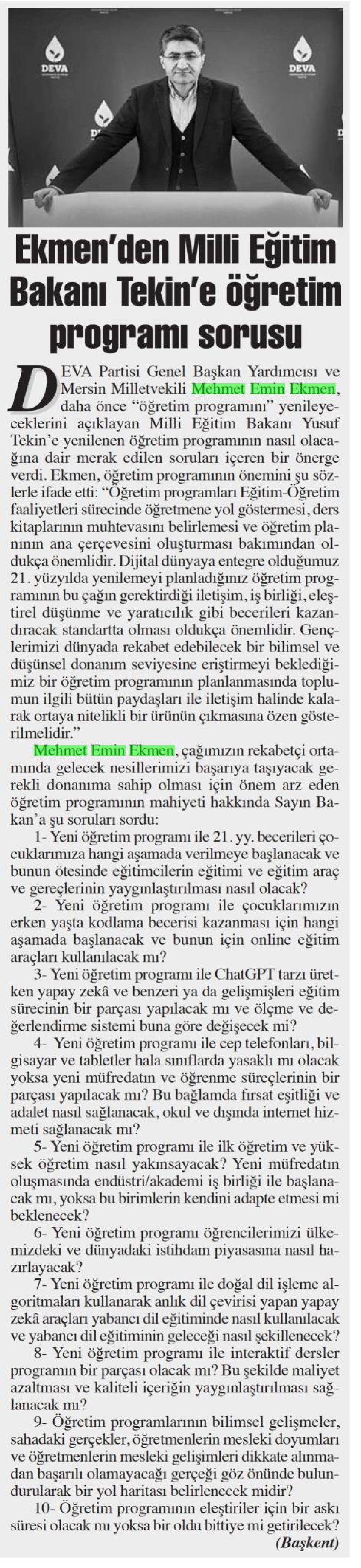 EKMENDEN MİLLİ EĞİTİM BAKANI TEKİN'E ÖĞRETİM PROGRAMI SORUSU