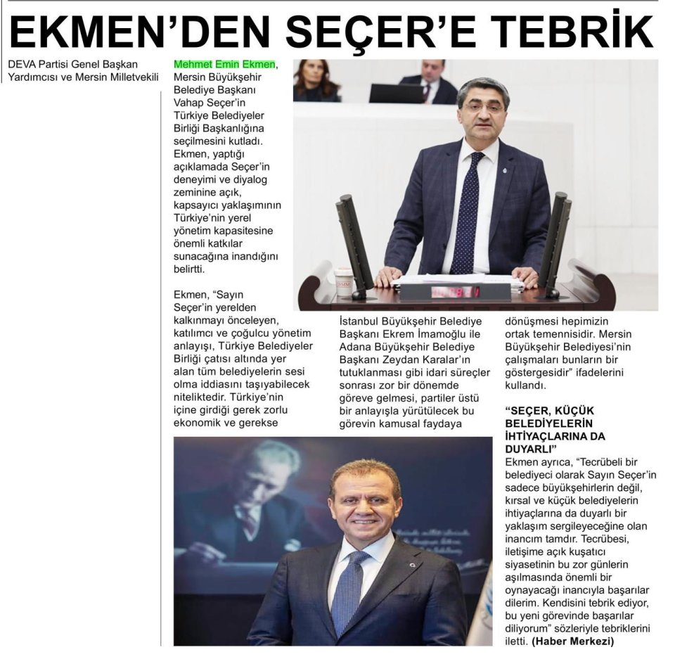 EKMEN'DEN SEÇER'E TEBRİK