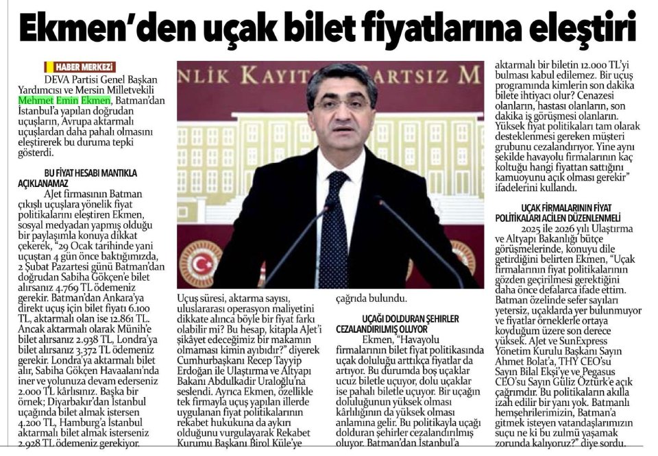 EKMEN'DEN UÇAK BİLET FİYATLARINA ELEŞTİRİ