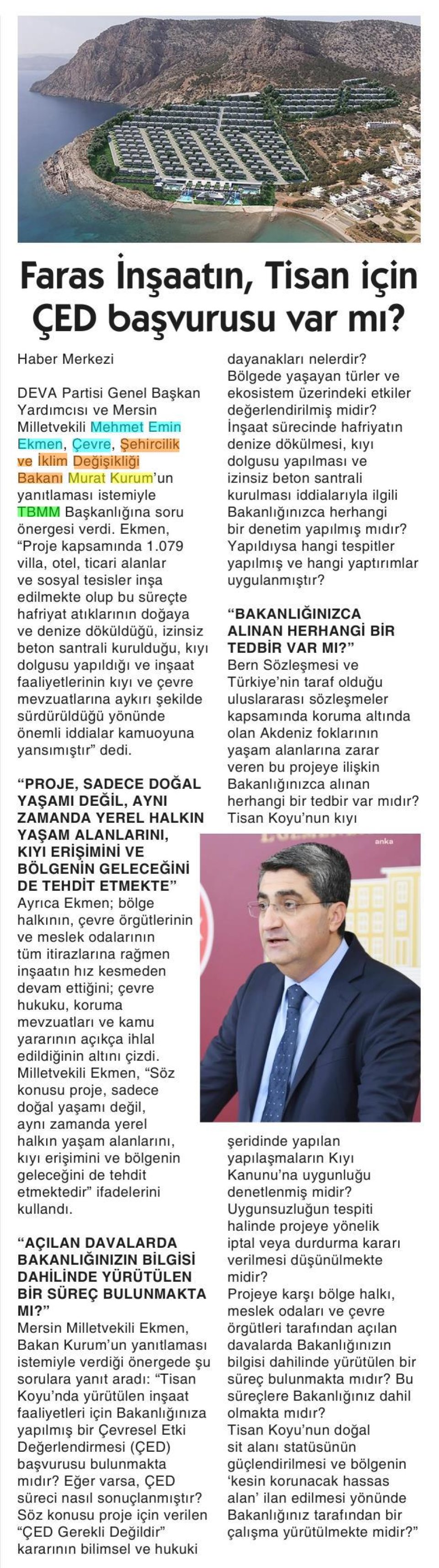 FARAŞ İNŞAATIN, TİSAN İÇİN ÇED BAŞVURUSU VAR MI