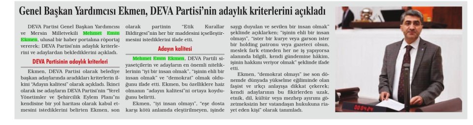 GENEL BAŞKAN YARDIMCISI EKMEN, DEVA PARTİSİ'NİN ADAYLIK KRİTERLERİNİ AÇIKLADI