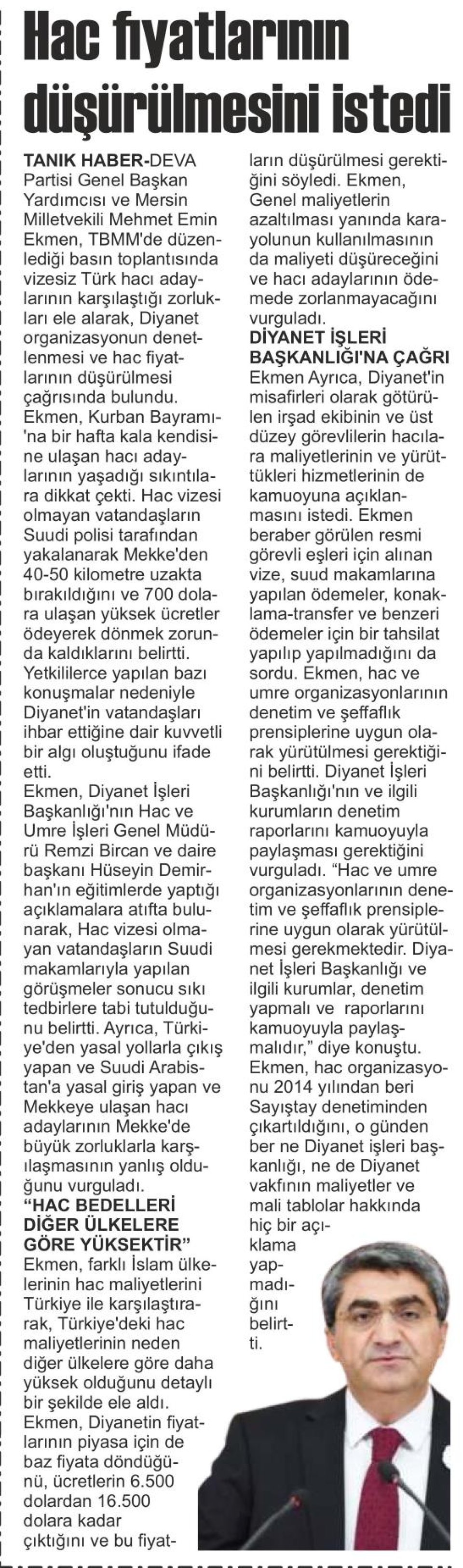 HAC FİYATLARININ DÜŞÜRÜLMESİNİ İSTEDİ