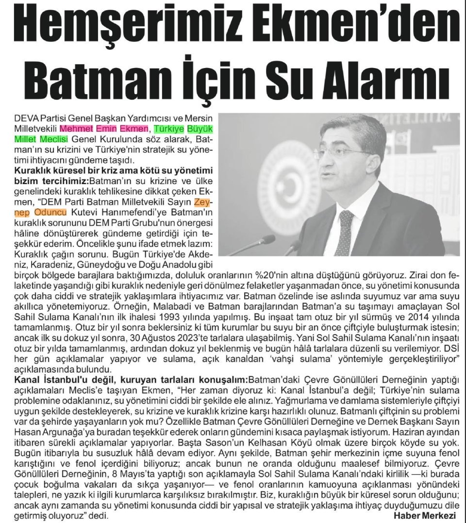 HEMŞERİMİZ EKMENDEN BATMAN İÇİN SU ALARMI