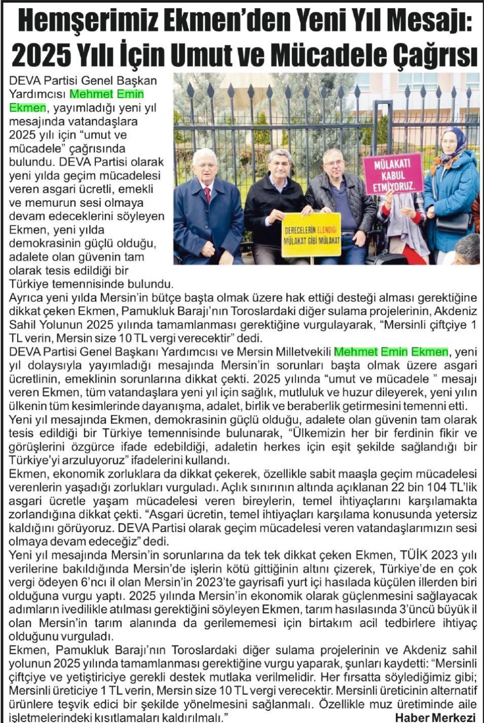 HEMŞERİMİZ EKMEN'DEN YENİ YIL MESAJI: 2025 YILI İÇİN UMUT VE MÜCADELE ÇAĞRISI