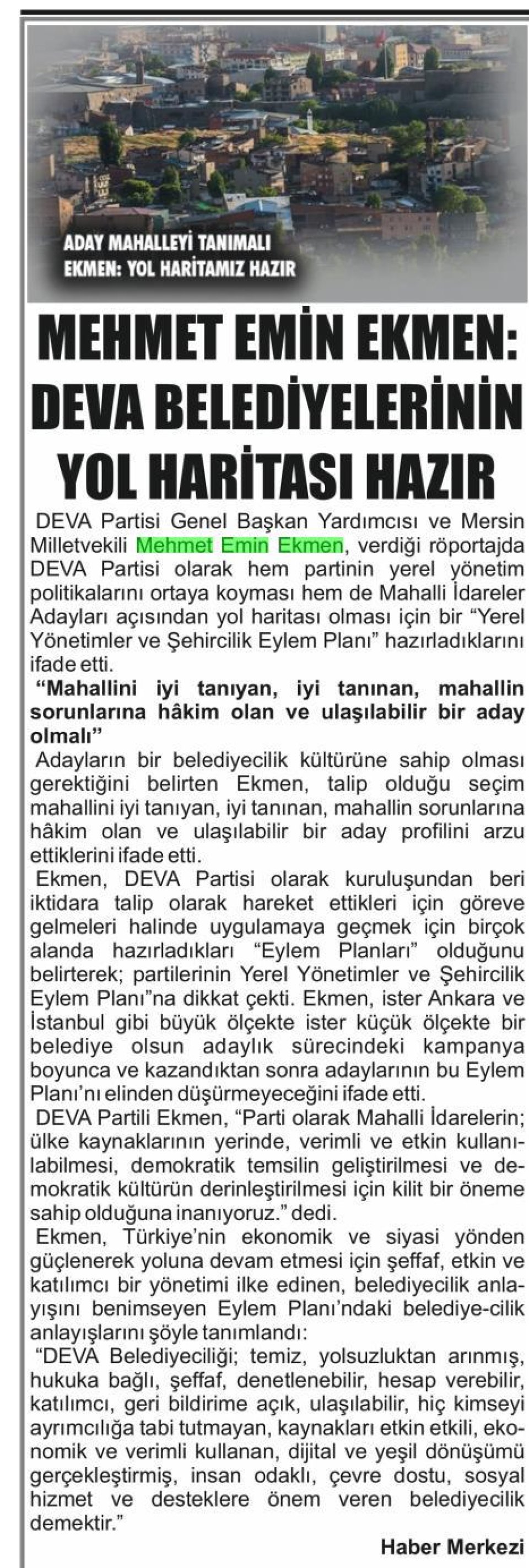 MEHMET EMİN EKMEN: DEVA BELEDİYELERİNİN YOL HARİTASI HAZIR