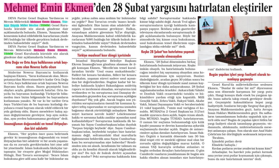 MEHMET EMİN EKMEN'DEN 28 ŞUBAT YARGISINI HATIRLATAN ELEŞTİRİLER