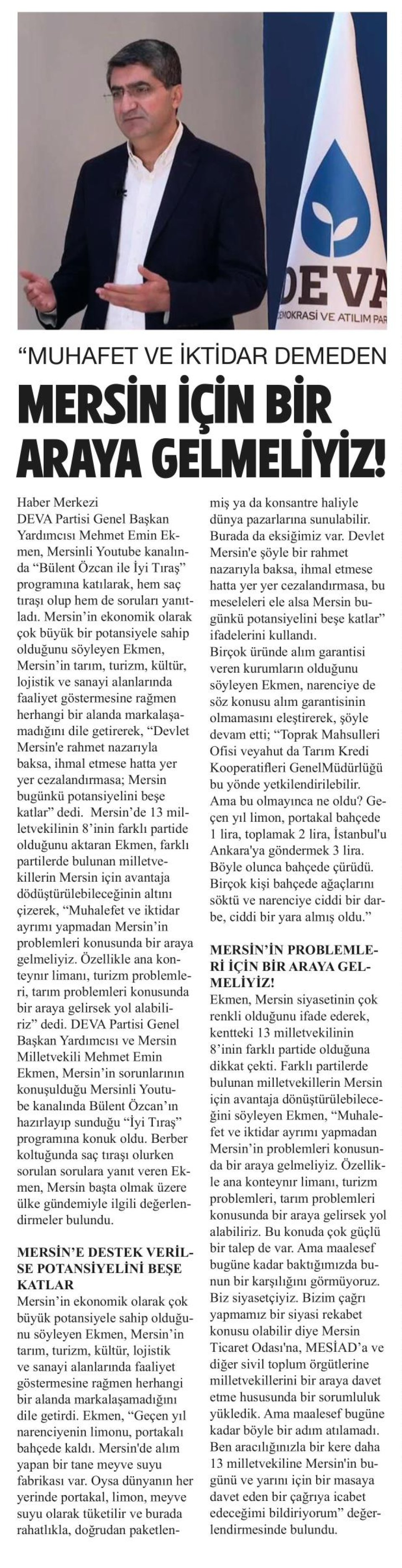 MERSİN İÇİN BİR ARAYA GELMELİYİZ!