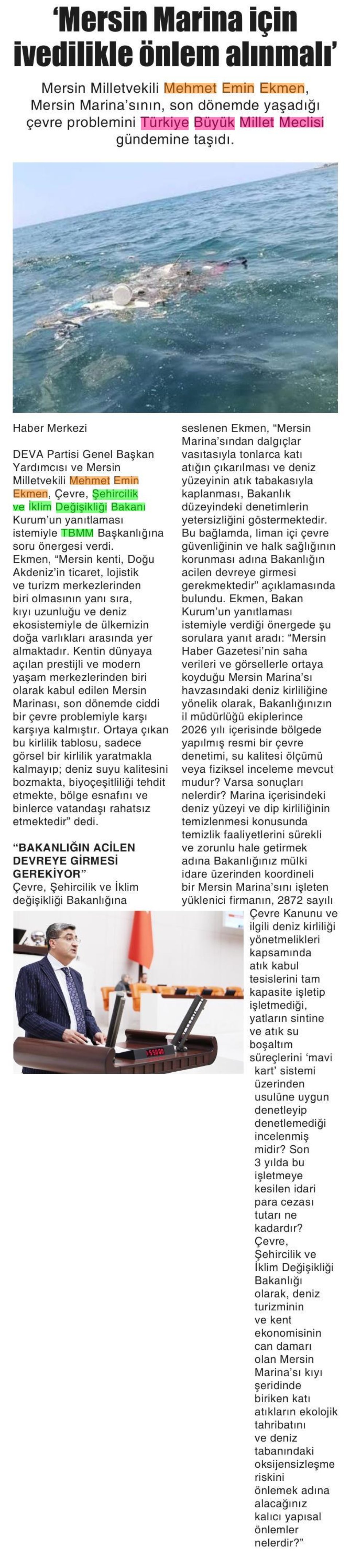 'MERSİN MARİNA İÇİN İVEDİLİKLE ÖNLEM ALINMALI'