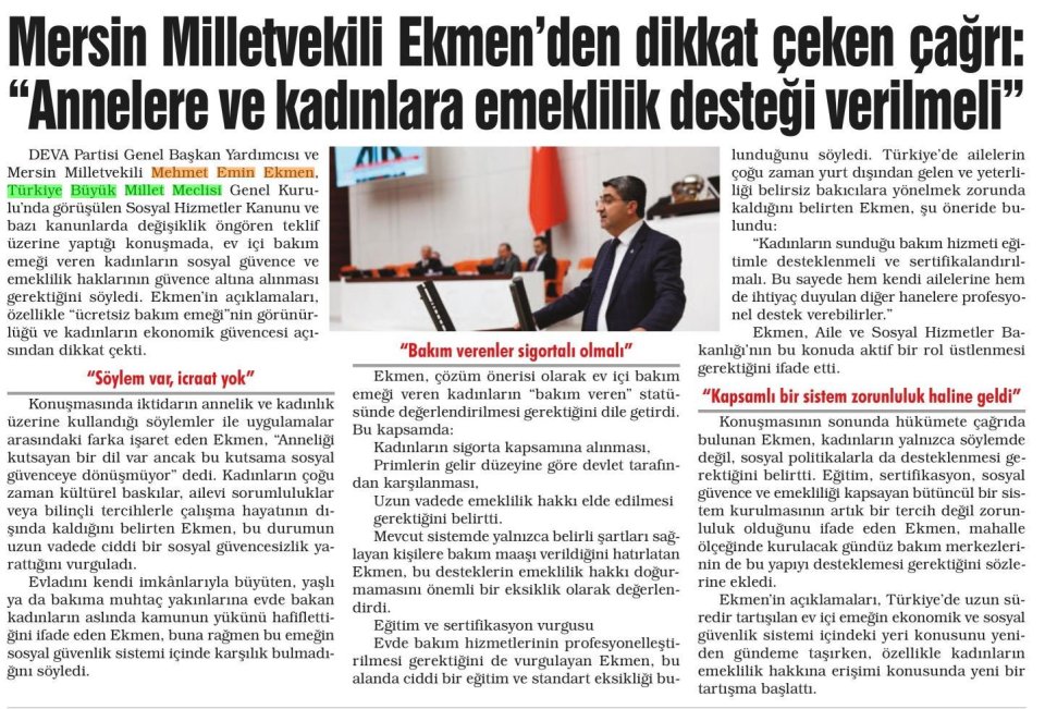 MERSİN MİLLETVEKİLİ EKMENDEN DİKKAT ÇEKEN ÇAĞRI