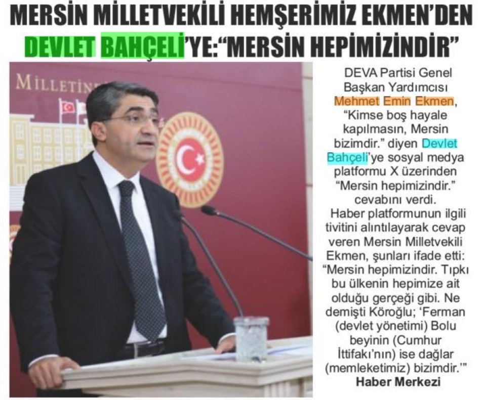 MERSİN MİLLETVEKİLİ HEMŞERİMİZ EKMEN'DEN DEVLET BAHÇELİ'YE: 