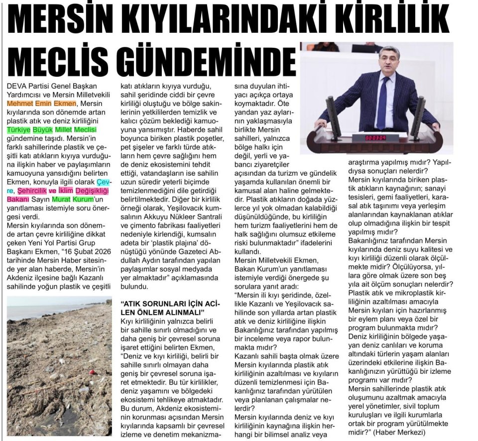 MERSİN SAHİLLERİNDE ARTAN PLASTİK ATIK VE DENİZ KİRLİLİĞİ MECLİS GÜNDEMİNE TAŞINDI KIYILAR ALARM VERİYOR