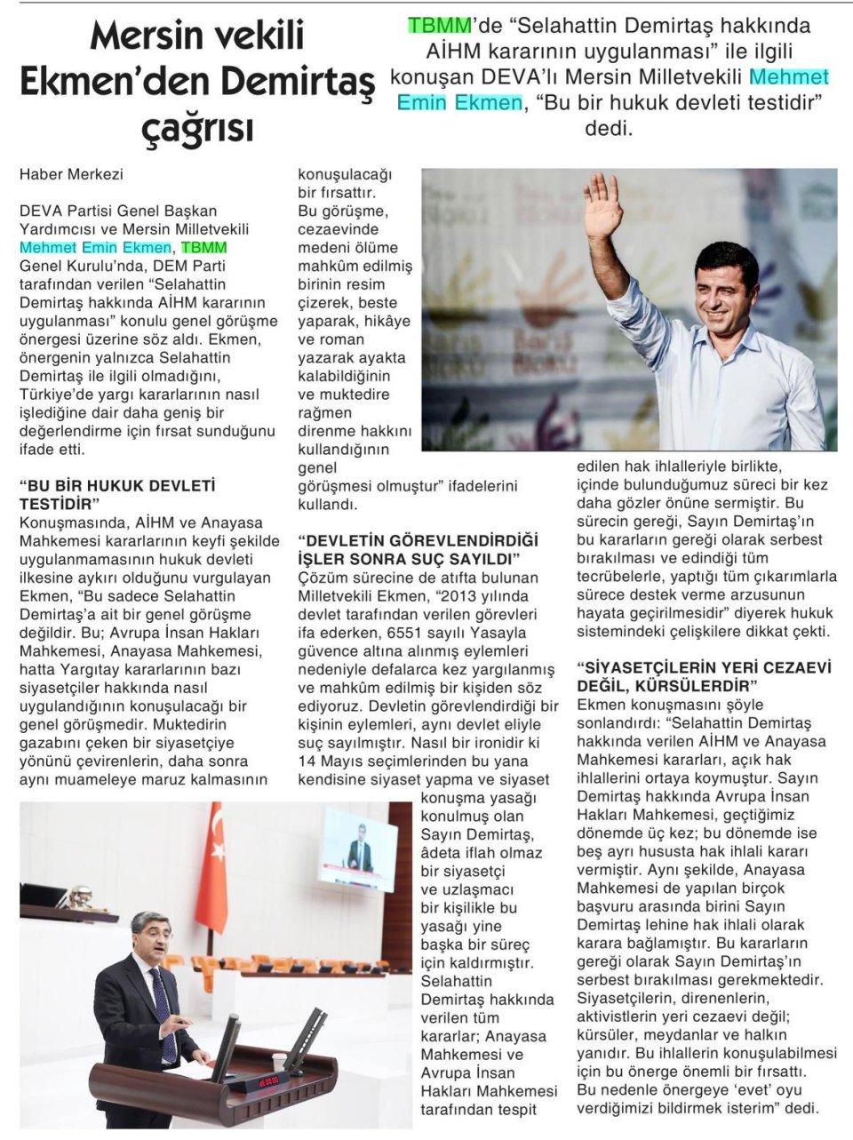 MERSİN VEKİLİ EKMEN'DEN DEMİRTAŞ ÇAĞRISI