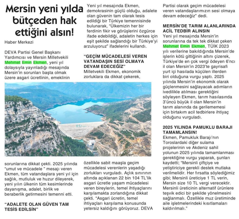 MERSİN YENİ YILDA BÜTÇEDEN HAK ETTİĞİNİ ALSIN!