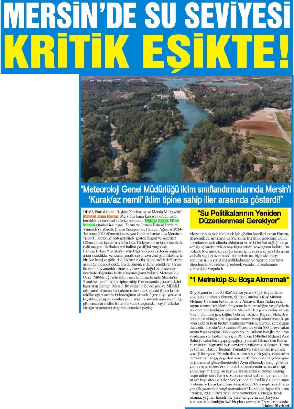 MERSİN'DE SU SEVİYESİ KRİTİK EŞİKTE!