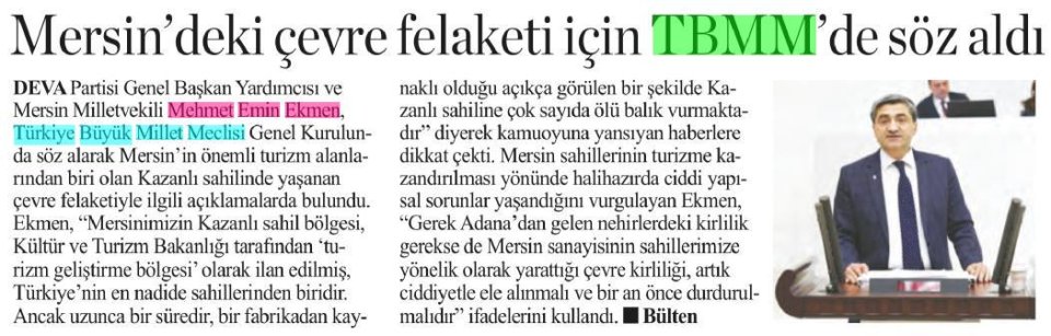 MERSİN'DEKİ ÇEVRE FELAKETİ İÇİN TBMM'DE SÖZ ALDI